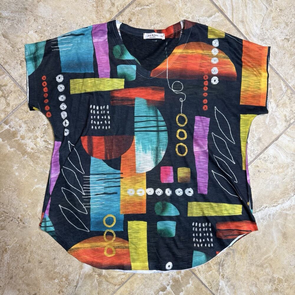 Jess & Jane Abstract Print Top Made in USA Petite Small Colorful Artsy Boho
